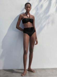 Maija 女士简约纯色褶皱胸围露背系带领花卉装饰比基尼套装，海滩度假装 - 黑色 - 查看 2