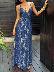 SHEIN Unity Paisley Print V-Neck Backless Tie-Up Button Designed Maxi Slip Dress - Navy Blue - View 3