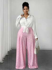 Maweii 女式大码波点休闲宽松阔腿裤 - 粉色 - 查看 2