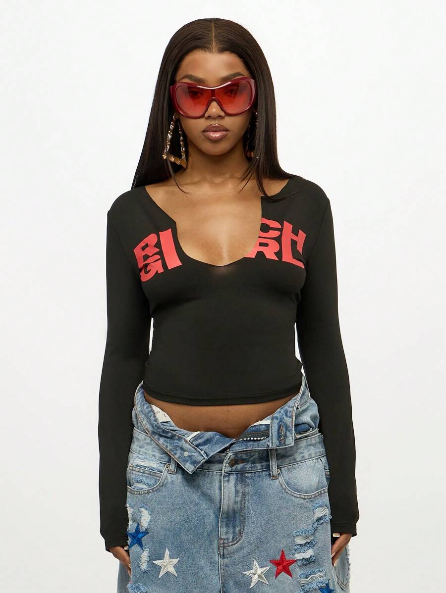 SUMWON WOMEN Áo crop top tay dài phong cách đường phố, áo thun dệt kim họa tiết thời trang câu lạc bộ tiệc tùng cổ chữ V sâu, quà tặng lễ hội ngày lễ - màu đen - Xem 1