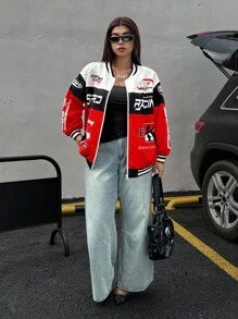 Muchica Plus Size Fashion Street Casual Outdoor Zip-Up Long Sleeve Jacket For Women Racing Jacket Women Motorcycle Jacket Women Streetwear For Women Winter Fall Autumn