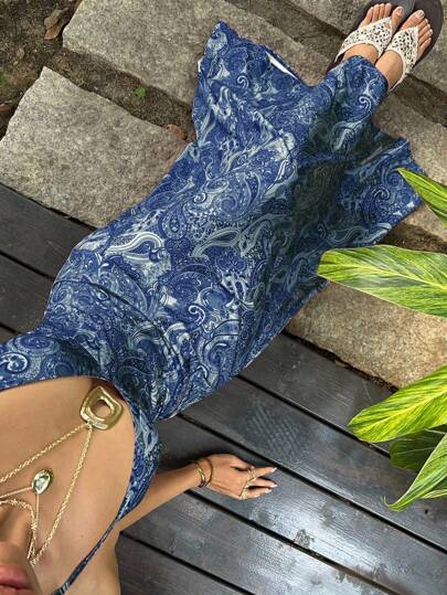 SHEIN Unity Paisley Print V-Neck Backless Tie-Up Button Designed Maxi Slip Dress