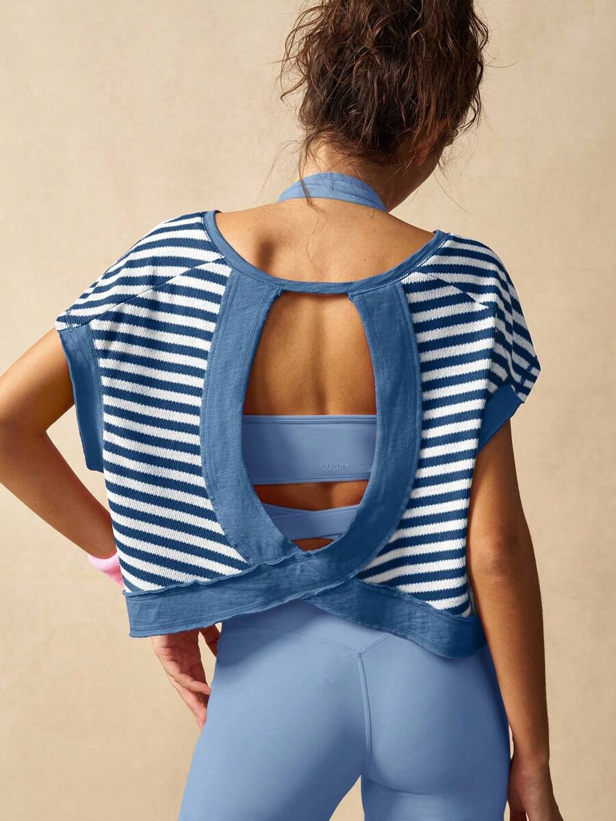 VARSIVA Áo thun thể thao tay ngắn cổ tròn hở lưng họa tiết sọc thời trang mùa hè - Xanh và trắng - Xem 1