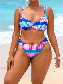 Swim Vcay Conjunto de 2 piezas de traje de baño de mujer talla grande con estampado de líneas geométricas aleatorias y sujetador con aros - Multicolor - Ver 5