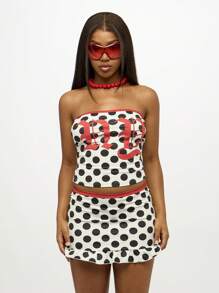 SUMWON WOMEN Polka Dot Mini Co Ord Set Two Piece Crop Top Mini Skirt Summer Festival Y2K Ruffle Hem Strapless Party Club Outfit - White - View 1