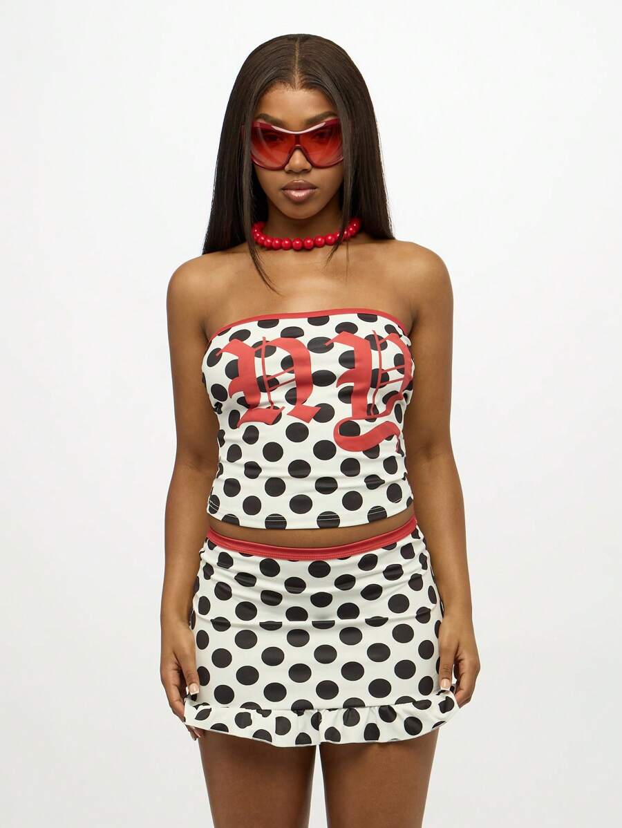 SUMWON WOMEN Polka Dot Mini Co Ord Set Two Piece Crop Top Mini Skirt Summer Festival Y2K Ruffle Hem Strapless Party Club Outfit - White - View 1