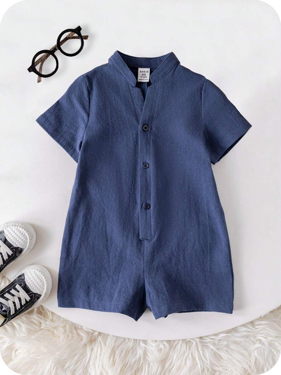SHEIN 可爱卡通立领短袖连体衣,适合幼儿男孩/女孩,春夏季 - 藏蓝色 - 查看 1