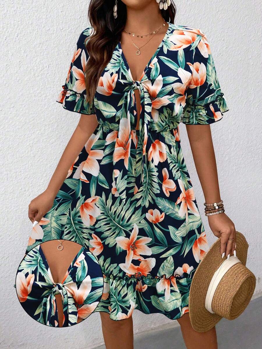 SHEIN LUNE Women's Casual Tropical Print Dress - Royal Blue - View 1