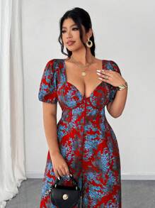 Elenzga 大码女式性感度假风全身印花甜心领泡泡袖束腰阔腿连体裤 - 彩色 - 查看 2