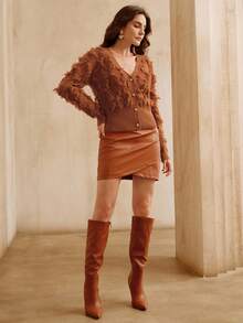 Anewsta Fashionable Fringe V-Neck Long Sleeve Knit Cardigan,Loose Flattering Design,Rust Brown,Autumn,Chic,Tea Party,Suitable For Fall,Winter,New Year,Elegant - Brown - View 7