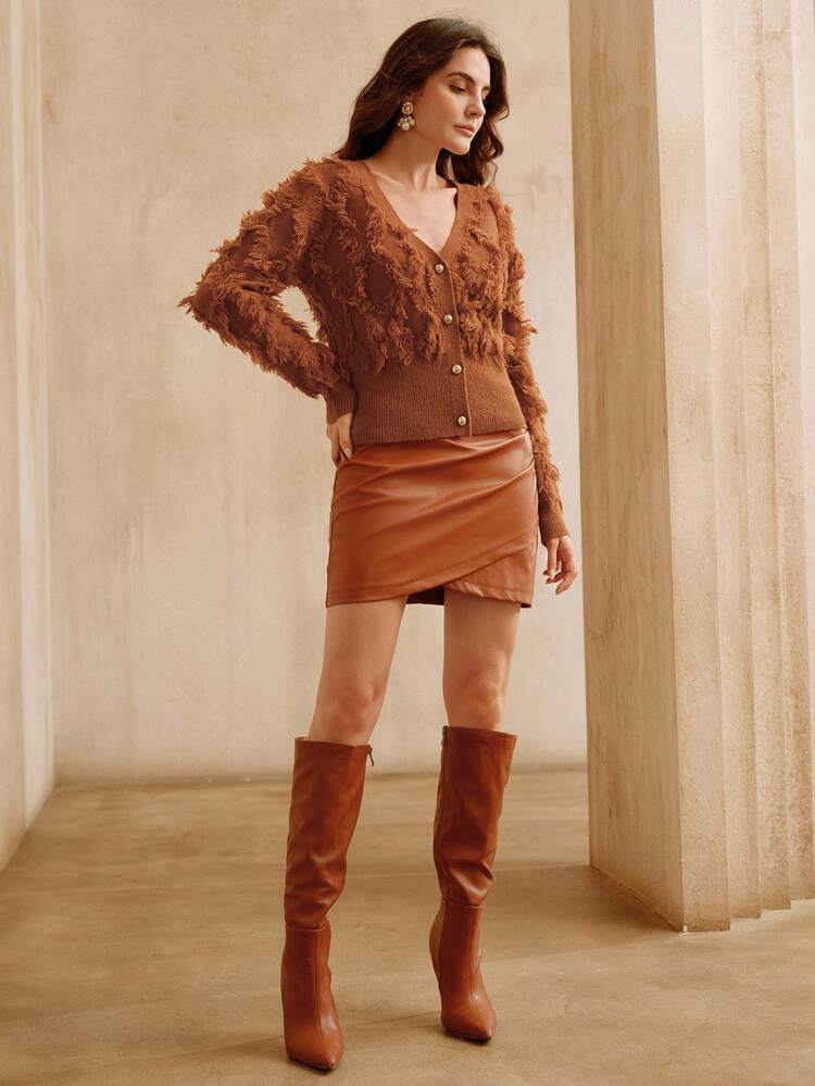 Fashionable Fringe V-Neck Long Sleeve Knit Cardigan, Loose & Flattering Design, Suitable For Fall, Winter, New Year, Elegant, Chic, Stylish, Christmas, Going Out, Cozy