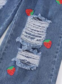 Tween Girl Dark Wash Blue Distressed Strawberry Print Wide Leg Jeans Strawberry Jeans ,Y2K Style Summer Holiday Fall Winter - Medium Wash - View 8