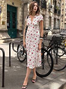 Chiquease Rose Floral V-Neck Short Sleeve High Waist A-Line Dress Summer Dress Clothes For University - White - View 5