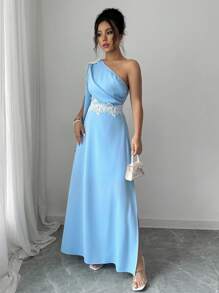 Rafferiza Asymmetric Neck Blue Dress With Floral Lace Trim & Cinched Waistline, Slimming Long Dress