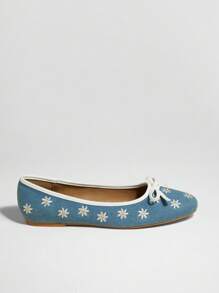 SHUZIA Women Floral Print Bow Decor Round Toe Cute Vacation Beach Casual Raffia Flats - Navy Blue - View 6
