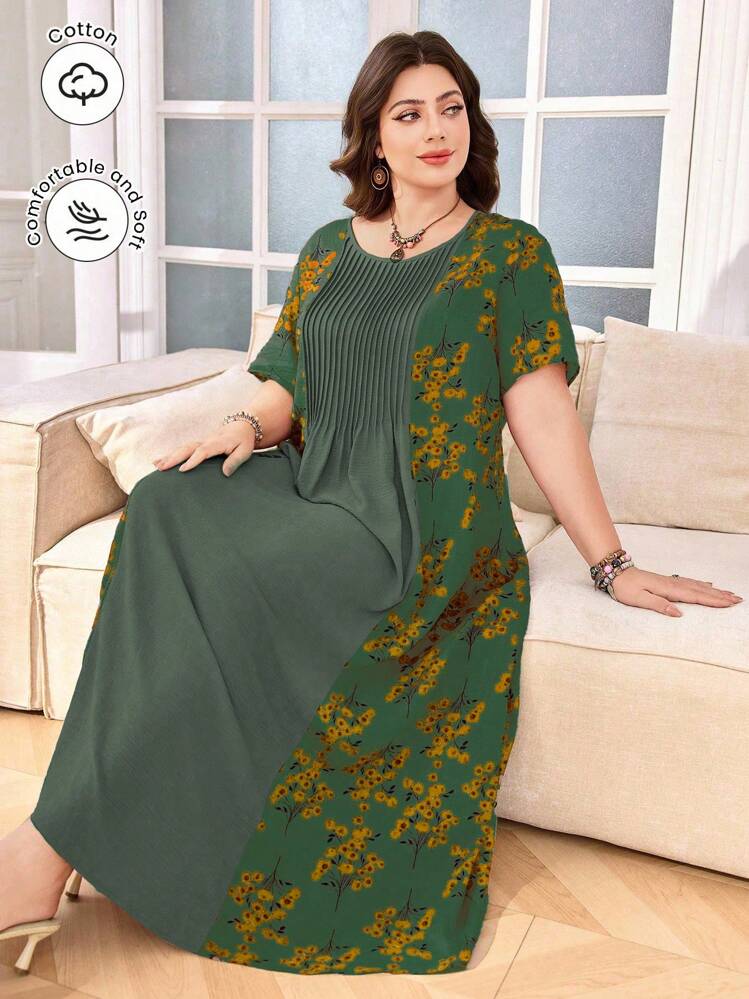 Lacomfia Plus Size Women Summer Floral Print Pleated Loose Dress - Green - View 1