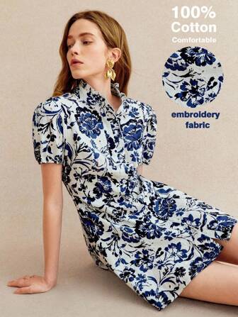 Écloséra 法式复古气质优雅荷叶边立领短袖收腰A字蓝色雕花刺绣春夏女装短款连衣裙名媛夏装