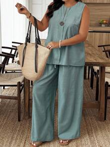 EMERY ROSE Große Größen Lässig einfarbiges Set mit Ausschnitt ohne Ärmel Top und Hose, 2 Stücke