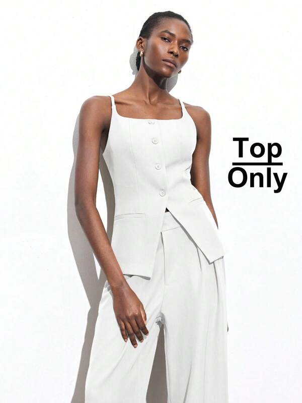 Maija 2025 秋冬白色可调节肩带设计女式背心，现代优雅都市休闲通勤、音乐节、海滩度假、日常休闲外出、派对、婚礼、宾客着装、复古风格、音乐活动、聚会、重要场合