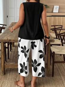 Weeklong Set de 2 piezas de estilo casual de vacaciones sin mangas talla grande con parche floral