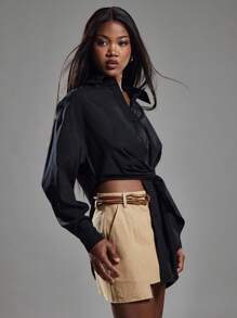 NYA SZN 上衣长袖纽扣领不对称领带细节日常休闲商务装春夏女士商务休闲上衣 - 黑色 - 查看 3