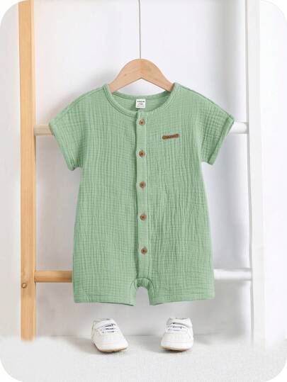 SHEIN Set da neonato maschio estivo con salopette a maniche corte e pantaloncini di colore uniforme, carino