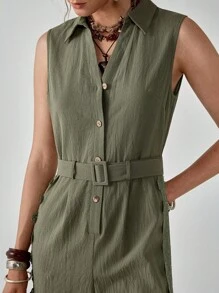 Florisole Jumpsuit Kasual Gaya Boho Warna Polos dengan Patchwork Renda Berongga Tanpa Lengan Kerah Lipat Pinggang Tinggi Kaki Lebar - Hijau - View 4