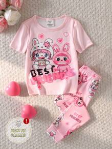 Young Girl Cute Rabbit Print Pink Pajamas Set,Summer Fairy Holiday Family Matching Sleepwear,Short Sleeve Top And Leggings Snug Fit Back To School - Pink - View 1