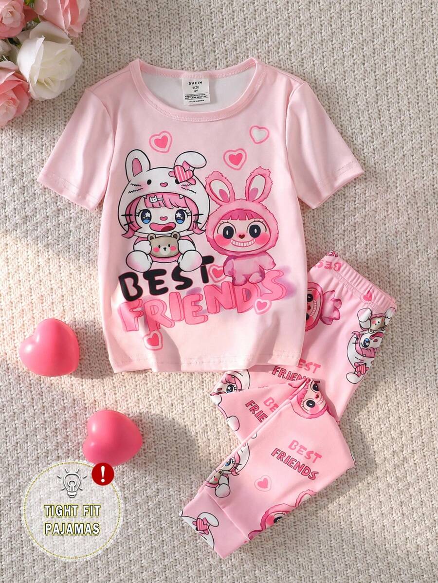 Young Girl Cute Rabbit Print Pink Pajamas Set,Summer Fairy Holiday Family Matching Sleepwear,Short Sleeve Top And Leggings Snug Fit Back To School - Pink - View 1