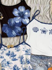 Attitoon 3 Set Stylish Women's Cami Tops In Multicolor Graphic Design For Summer Summer Tops Crop Tops Summer Cute Beach Tops Blue Floral Crop Top Summery Tops,Halter Top - Multicolor - View 6