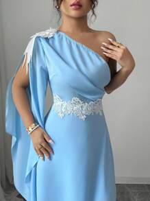 Rafferiza Asymmetric Neck Blue Dress With Floral Lace Trim & Cinched Waistline, Slimming Long Dress