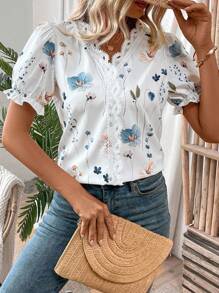 SHEIN LUNE Women's Vacation Leisure Floral Print Contrast Lace Puff Sleeve Shirt,Short Sleeve Tops