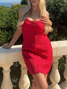 Chiquease Vestido Vermelho Sólido Sem Mangas, Sexy, Ajustado, Com Costas Abertas, Modelo A-Line, Vestido de Verão para Universidade - Vermelho - Visão 5