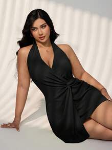 SHEIN ICON Váy chữ A buộc eo màu xanh lá cây cỡ lớn cho kỳ nghỉ hè, váy chữ A, váy mùa hè, quần áo tốt nghiệp và trở lại trường - màu đen - Xem 2