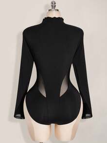 SHEIN ICON 加大码 Y2K 长袖网眼拼接紧身衣，万圣节性感网眼紧身衣，万圣节服装，秋季