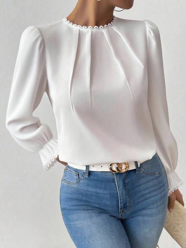 RosyDaze Business Casual Woman Women's Elegant Minimalist Lace Patchwork Pleated Collar Solid Color Long Sleeve Blouse Autumn Dress All White Roupa Para A Universidade