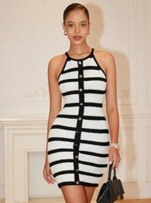 Chiquease 2025 New Fashion Elegant Simple Contrast Color Stripe Single-Breasted Halter Knit Dress Knitted Sweater - Black and White - View 6