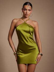 Hauture 女式简约纯色吊带缎面迷你连衣裙，时尚细节 - 綠色 - 查看 2