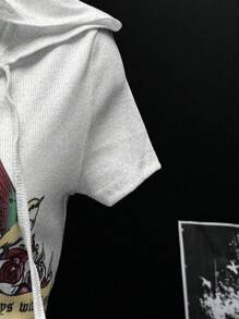 EgrlEra Áo thun hoodie tay ngắn in họa tiết hoa hồng cho nữ - Xám - Xem 3