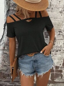 SHEIN LUNE Áo thun hở vai không tay màu trơn đơn giản dành cho nữ, mùa hè - màu đen - Xem 3