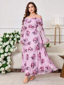 Modelyn 大码女式荷叶边露肩喇叭袖紧身花卉印花优雅浪漫度假长裙 - 彩色 - 查看 5