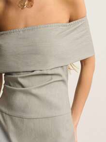 Nöista Sage Green,Autumn,Chic,Brunch Women's One-Shoulder Soft Stretchy Blended Fabric Pleated Waist Simple Elegant Short Dress - Light Grey - View 2