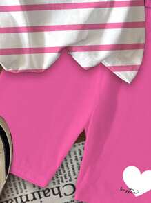 SHEIN 2pcs/Set Tween Girls' Casual Minimalist Pink Striped Heart Pattern Short Sleeve T-Shirt And Shorts, Back To School, Preppy Style, Suitable For Summer - Multicolor - View 6