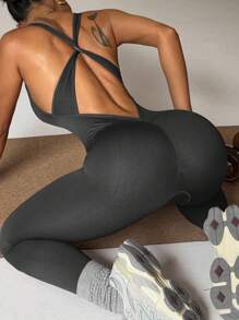 Dewbera 女士交叉带运动连体裤，高弹力紧身 - 深灰色 - 查看 6