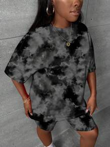 Slaydiva Bộ đồ 2 món họa tiết nhuộm loang màu xám đậm đơn giản, thường ngày, cỡ lớn, thích hợp cho mùa hè - Màu xám đen - Xem 5