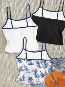 Attitoon 3 Set Stylish Women's Cami Tops In Multicolor Graphic Design For Summer Summer Tops Crop Tops Summer Cute Beach Tops Blue Floral Crop Top Summery Tops,Halter Top - Multicolor - View 2