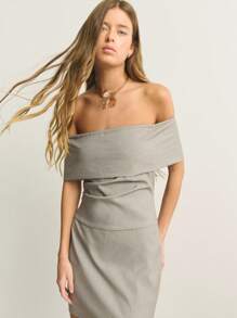 Nöista Sage Green,Autumn,Chic,Brunch Women's One-Shoulder Soft Stretchy Blended Fabric Pleated Waist Simple Elegant Short Dress - Light Grey - View 4