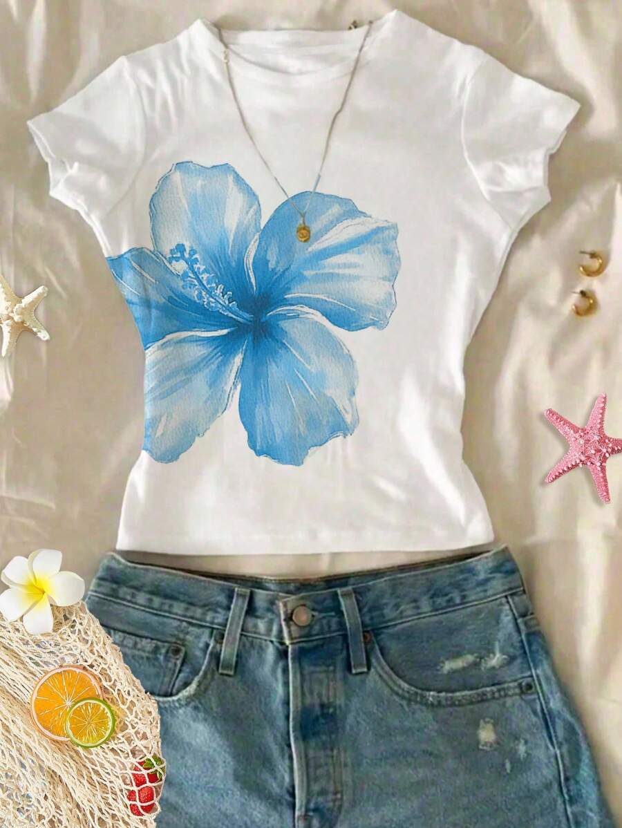 SHEIN 青少年女孩时尚热带蓝色花卉芙蓉、鸡蛋花、海滨印花修身休闲简约舒适圆领长袖 T 恤，适合夏季，夏季，轻松舒适，秋季儿童分层，时尚儿童，休闲装，儿童图案，返校，秋季，返校节女童花衬衫花衬衫青少年儿童夏季花卉上衣蓝色芙蓉衬衫女童芙蓉衬衫