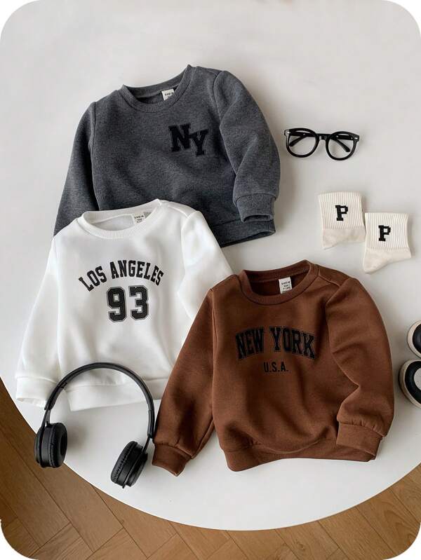 SHEIN 3pcs/Set Baby Boy/Girl Cute Versatile Letter Graphic Knit Long Sleeve Sweatshirts, All-Match Multi-Pack, Autumn/Winter