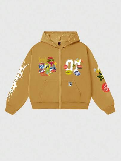 Prep Men's Loose Cropped Sweatshirt College With Shiny Sequin Decor, Streetwear